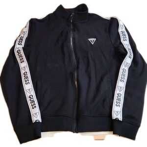 GUESS Black Zip-up Track Jacket Logo & White Stripes On Sleeves Lightweight, S
